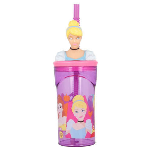 Pahar pentru copii, din plastic, cu pai si figurina, Princesses Multicolor, 360 ml