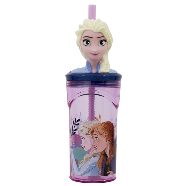 Pahar pentru copii, din plastic, cu pai si figurina, Frozen Multicolor, 360 ml