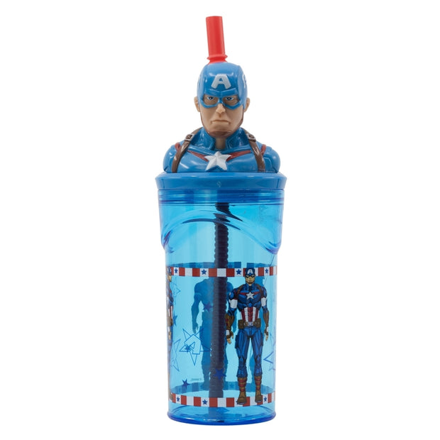 Pahar pentru copii, din plastic, cu pai si figurina, Avengers Multicolor, 360 ml