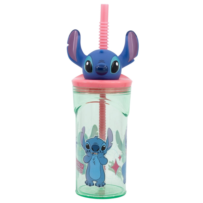 Pahar pentru copii, din plastic, cu pai si figurina, Stitch Multicolor, 360 ml