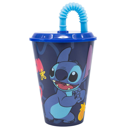 Pahar pentru copii, din plastic, cu pai, Stitch Multicolor, 430 ml