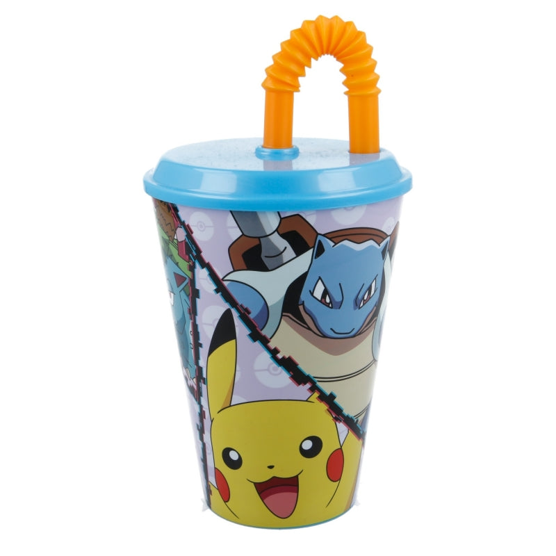 Pahar pentru copii, din plastic, cu pai, Pokemon Multicolor, 430 ml