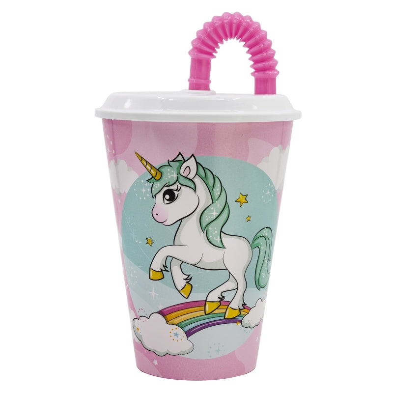 Pahar pentru copii, din plastic, cu pai, Unicorn Multicolor, 430 ml