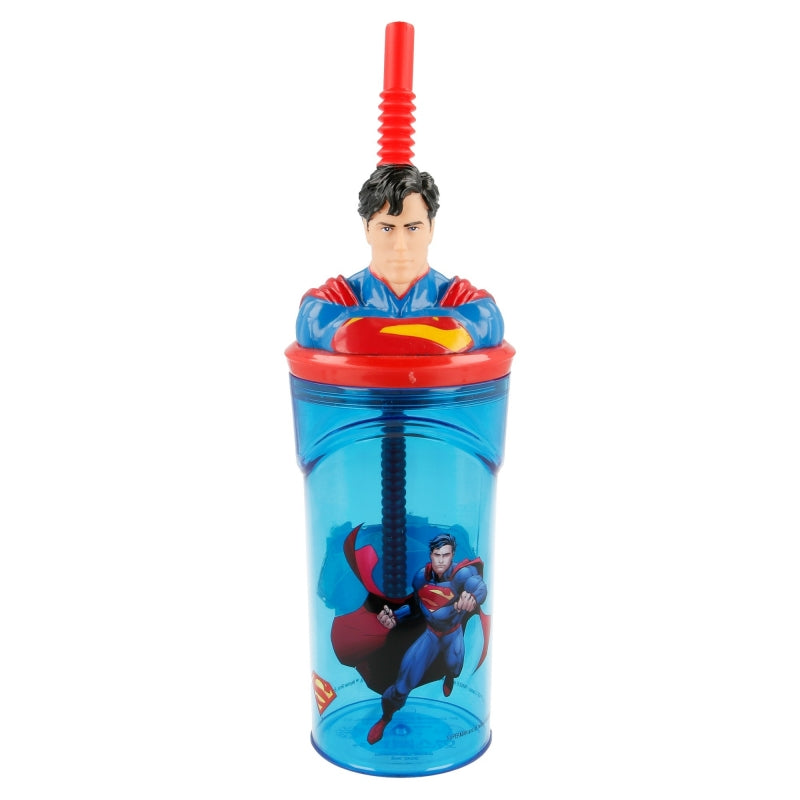 Pahar pentru copii, din plastic, cu pai si figurina, Superman Multicolor, 360 ml