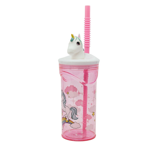 Pahar pentru copii, din plastic, cu pai si figurina, Unicorn Multicolor, 360 ml