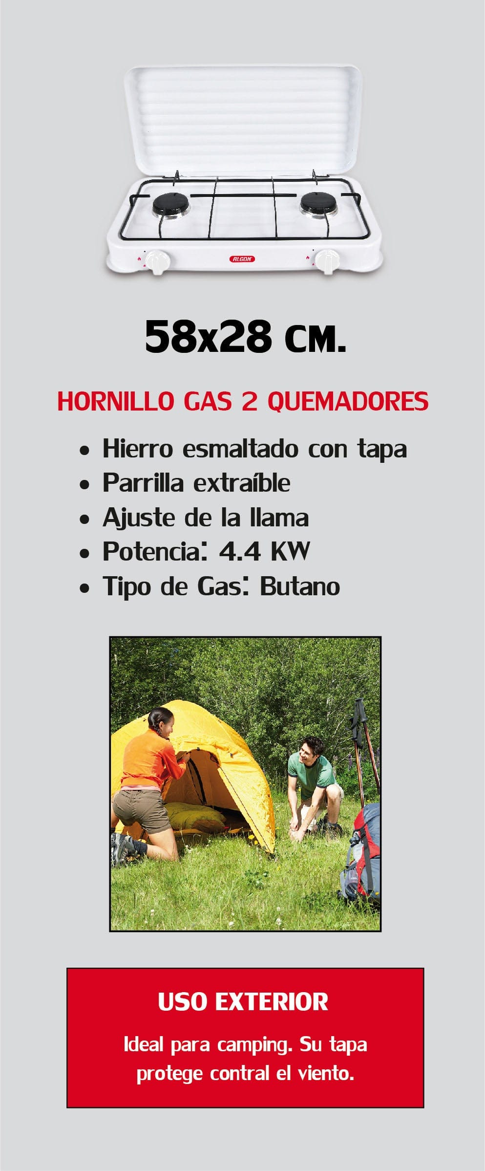 Inde Soler Hispania Aragaz Camping Portabil, 2 Arzatoare pe gaz si capac, din metal, Algon Alb, L58xl28 cm