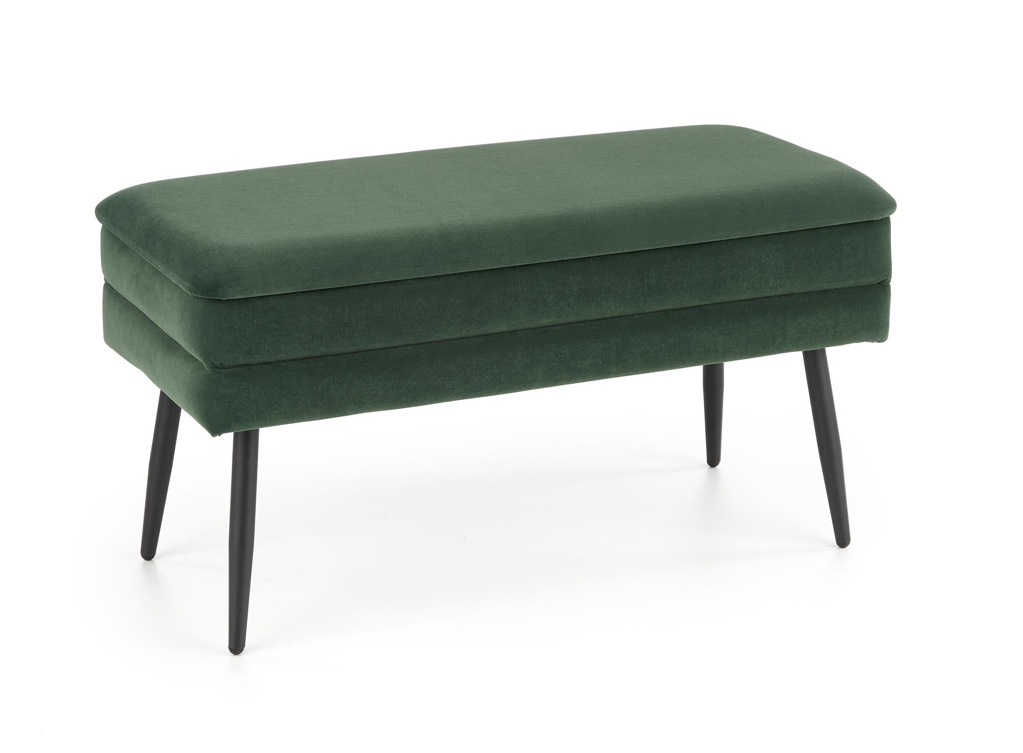 Banca cu spatiu de depozitare, tapitata cu stofa si picioare metalice, Velante Velvet Verde Inchis / Negru, l78xA42xH37 cm