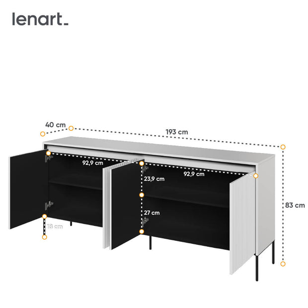 Comoda din MDF si metal, cu 4 usi si LED inclus, Trend TR-04 V2 Alb / Negru, l193xA40xH83 cm (3)