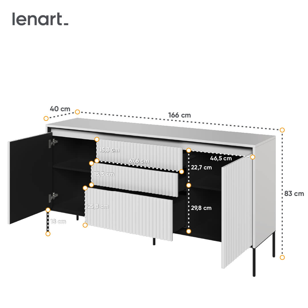 Comoda din MDF si metal, cu 3 sertare si 2 usi, cu LED inclus, Trend TR-01 V2 Alb / Negru, l166xA40xH83 cm (3)