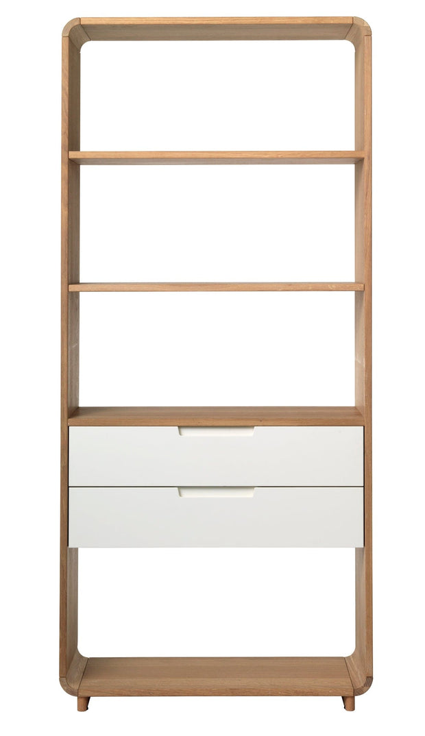 Unique Furniture A/S Biblioteca din lemn si MDF, cu 2 sertare, Amalfi Stejar / Alb, l82xA30xH194 cm