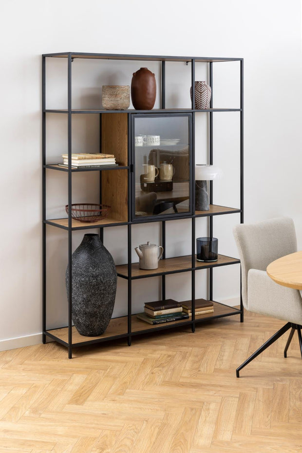 Actona Biblioteca din MDF si metal, cu 1 usa, Seaford Natural / Negru, l135xA35xH185 cm