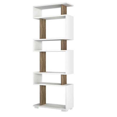 Biblioteca din pal, Blok Alb / Nuc, l60xA19,5xH165,3 cm