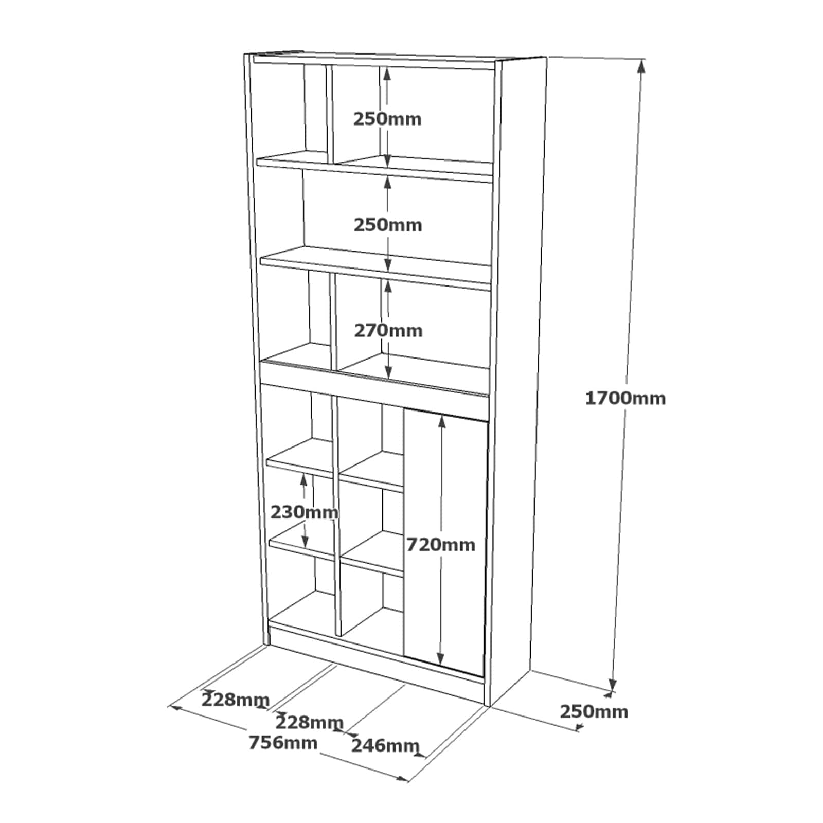 Biblioteca din pal, cu 1 usa, Luvio Tall LV20-KR Gri Deschis / Stejar, l75,6xA25xH170 cm (6)