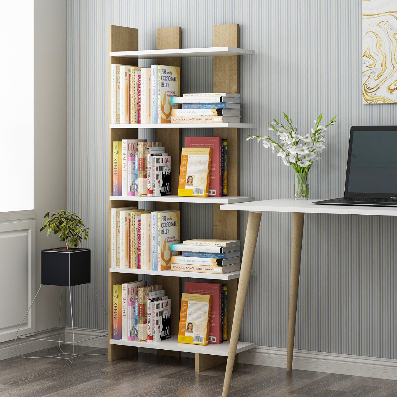 Oyo Biblioteca din pal, Elas Stejar Sapphire / Alb, l62xA25xH150 cm