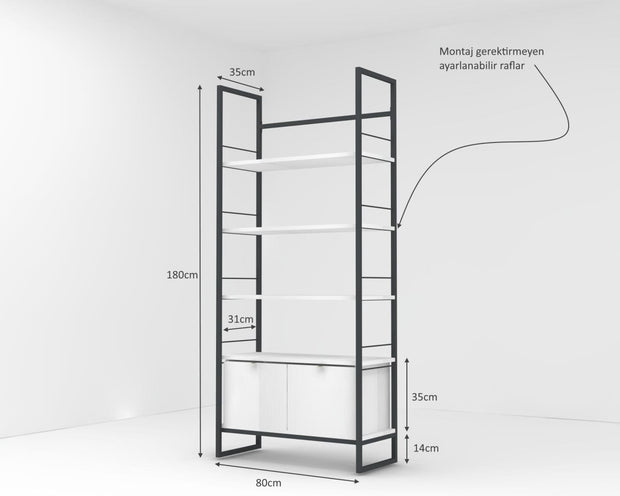 Biblioteca din pal si metal, Kary Alb, l80xA35xH180 cm - SomProduct Romania