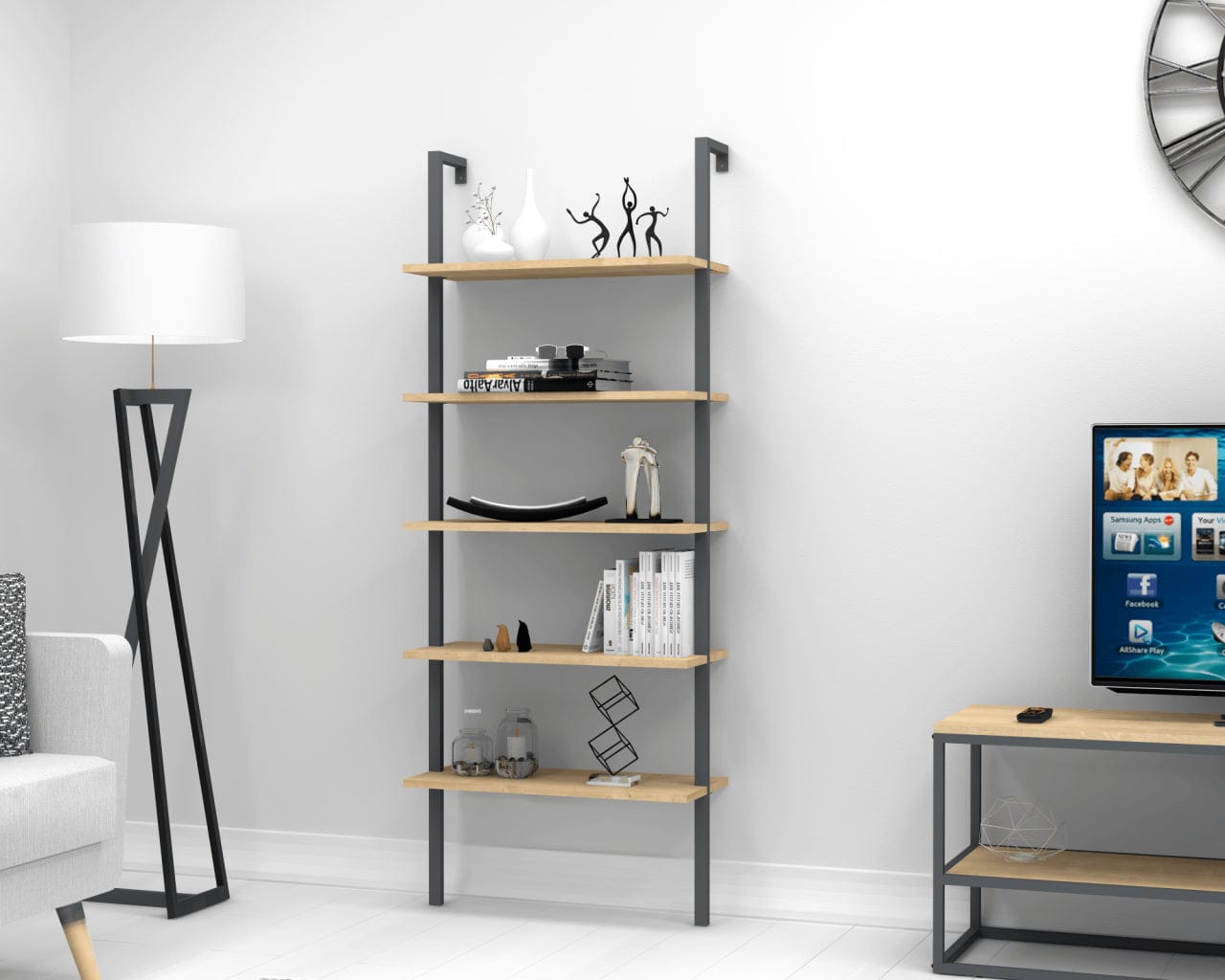 Oyo Biblioteca din pal si metal, New Smart Stejar Sapphire, l70xA30xH180 cm