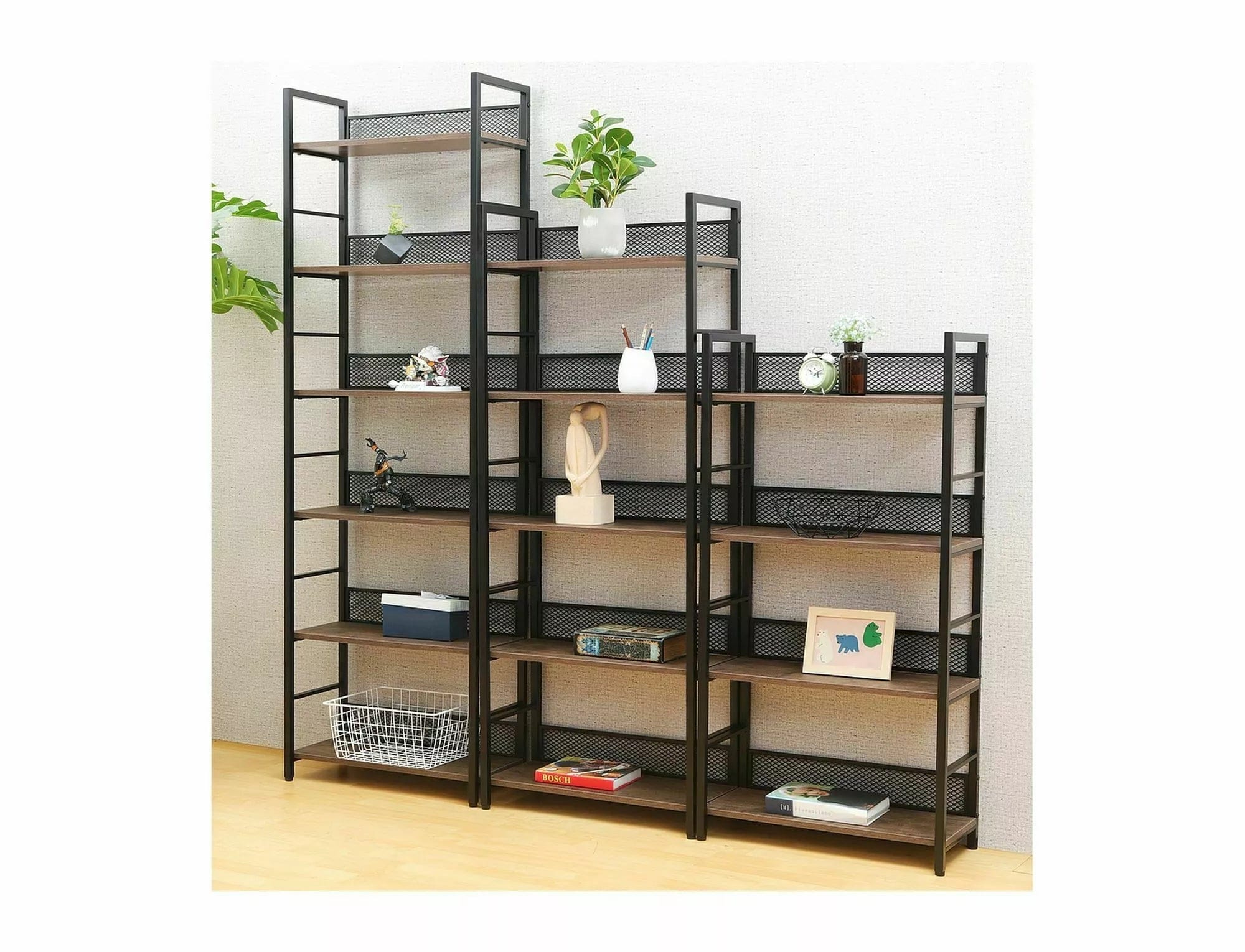 Biblioteca din pal si metal, Raw R5 Stejar / Negru, l60xA28xH154 cm (1)