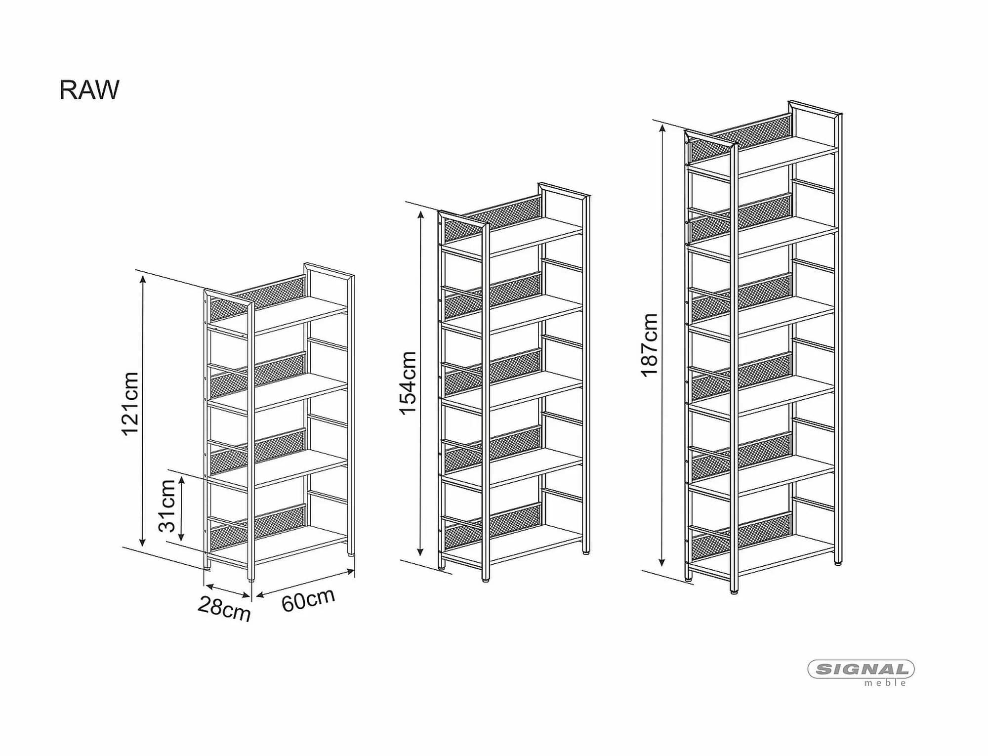 Biblioteca din pal si metal, Raw R6 Stejar / Negru, l60xA28xH187 cm (2)