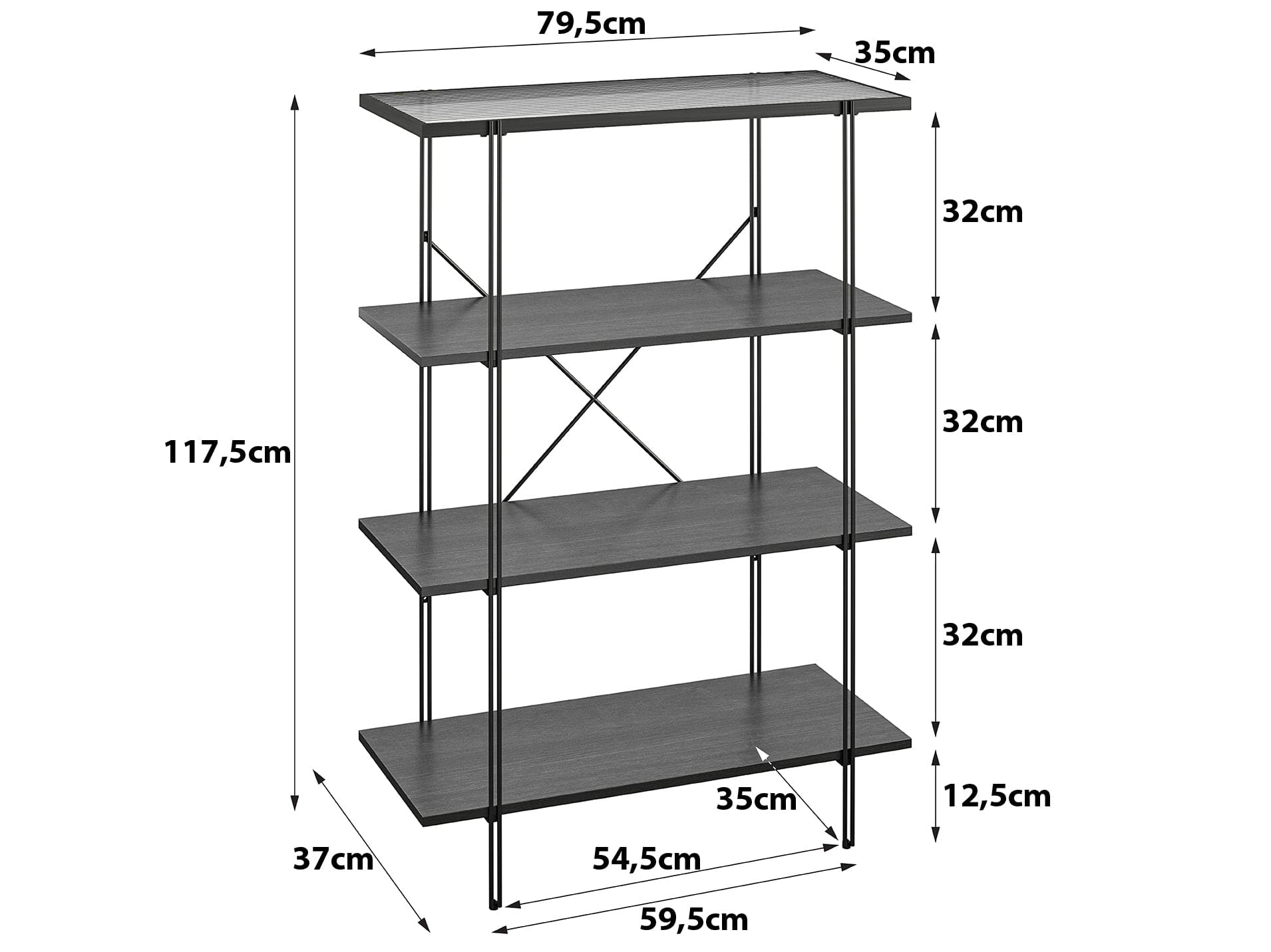 Dorel Home Biblioteca din sticla, pal si metal, Wainwright Negru, L79xl35xH117 cm