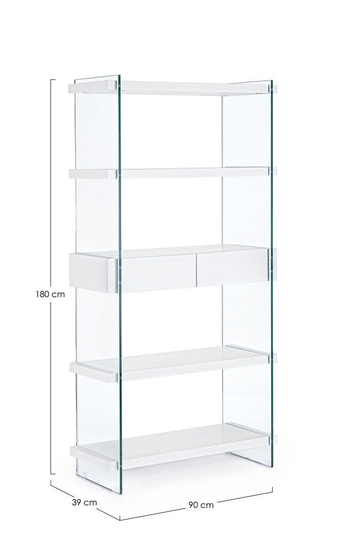 Biblioteca din sticla si MDF, cu 2 sertare Line Alb, l90xA39xH180 cm (6)