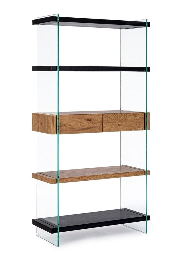 Biblioteca din sticla si MDF, cu 2 sertare Line Natural / Negru, l90xA39xH180 cm