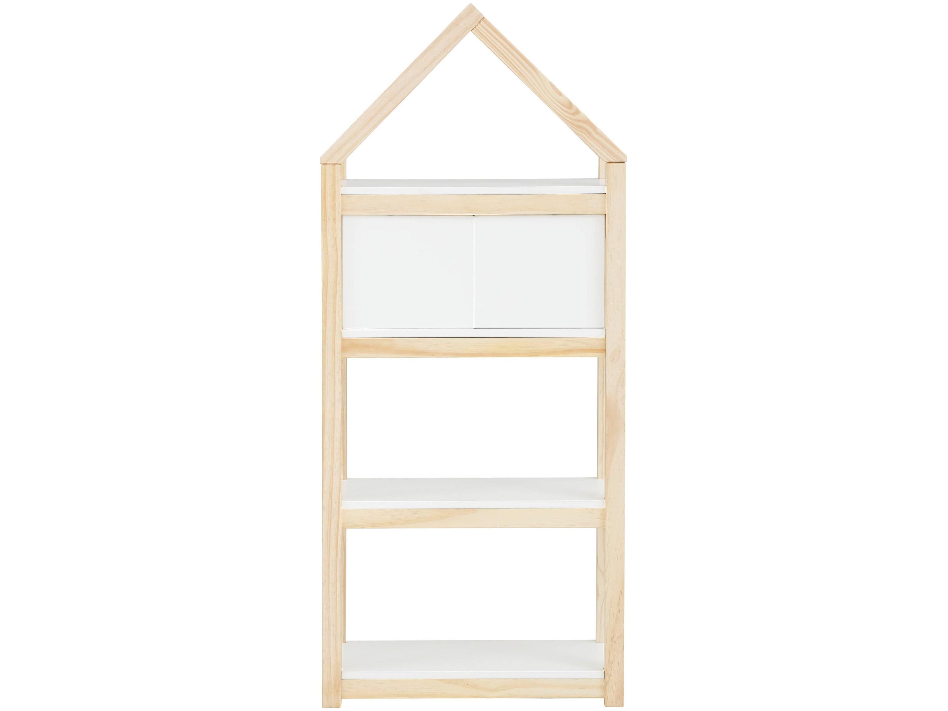 Dorel Home Biblioteca tip casuta din lemn de pin si pal, pentru copii, cu 2 sertare, Square Line Alb / Natural, L60xl30xH139 cm