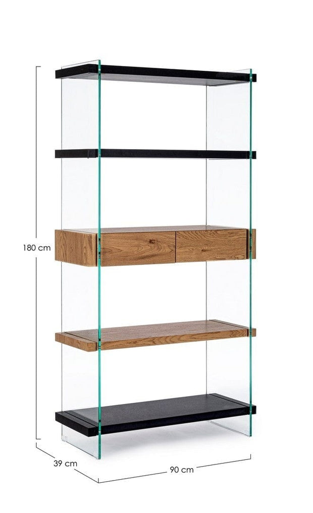 Biblioteca din sticla si MDF, cu 2 sertare Line Natural / Negru, l90xA39xH180 cm (6)