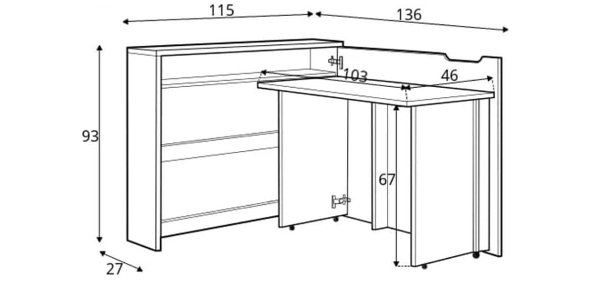 Lenart Birou Multifunctional din pal, extindere pe dreapta, cu etajere si rafturi, Work Concept CW01P Alb Lucios, l115xA27-136XH93 cm