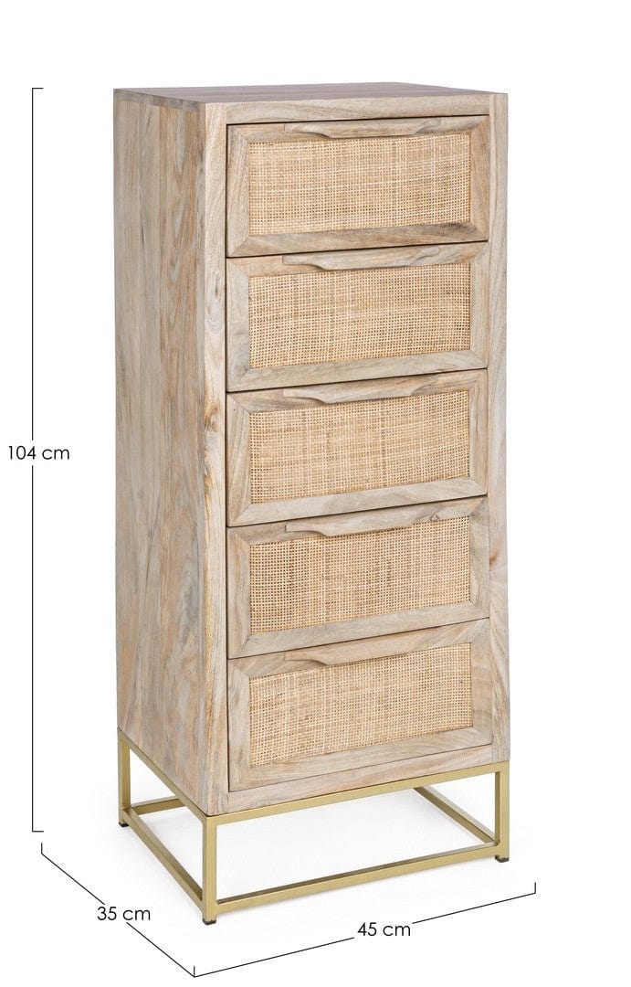 Bizzotto Cabinet din lemn de mango si metal, cu 5 sertare Exor Natural / Auriu, l45xA35xH104 cm
