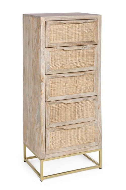 Cabinet din lemn de mango si metal, cu 5 sertare Exor Natural / Auriu, l45xA35xH104 cm