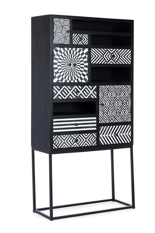 Bizzotto Cabinet din lemn de mango si metal, cu 6 sertare si 4 usi, Janesh Alb / Negru, l90xA35xH180 cm