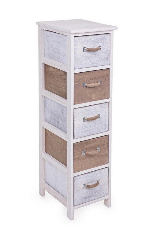 Cabinet din lemn de Paulownia, cu 5 sertare Meredith Slim Ivoir / Gri / Maro, l26xA32xH98 cm