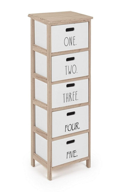 Bizzotto Cabinet din lemn de Paulownia si MDF, cu 5 sertare Numbers Slim Alb / Natural, l26xA32xH98 cm