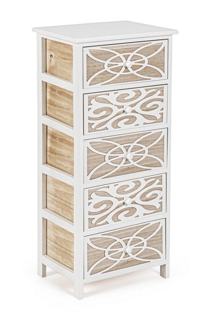 Bizzotto Cabinet din lemn de Paulownia si MDF, cu 5 sertare Pattern Alb / Natural, l40xA29xH90 cm