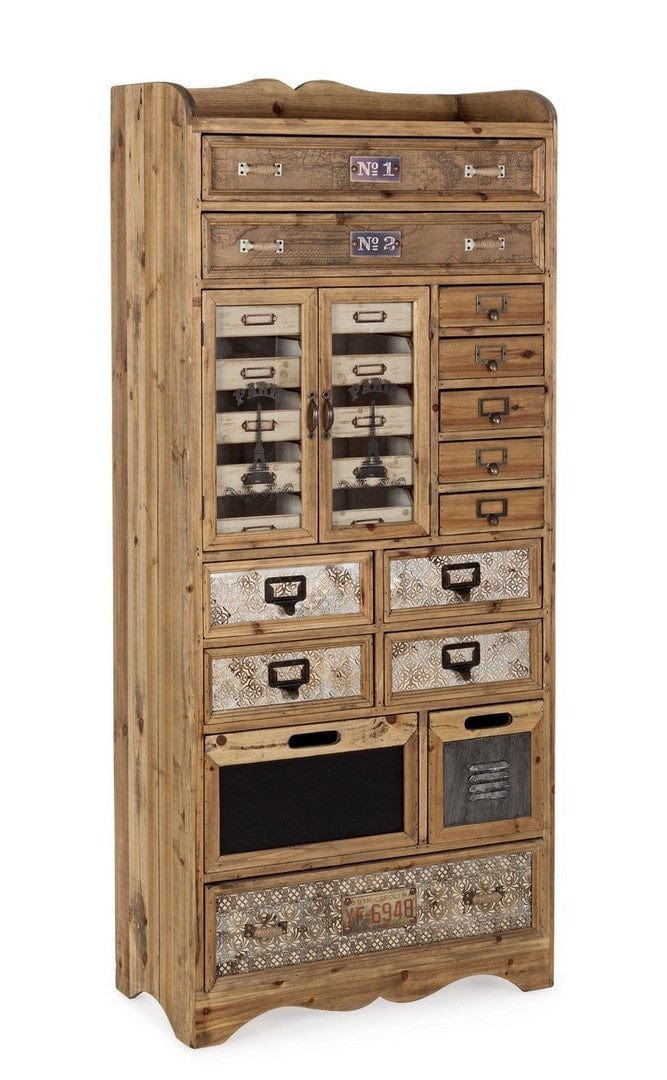 Cabinet din lemn de pin, cu 14 sertare si 2 usi Sixtem Natural, l66xA33,5xH153,5 cm