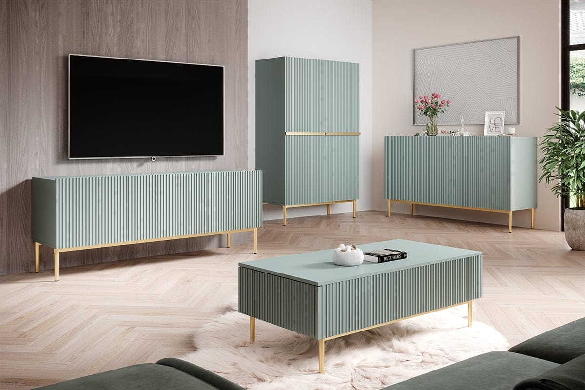 Cabinet din pal, MDF si metal, cu 2 sertare si 2 usi, Nicole 100-2D2SZ Verde Mint / Auriu, l100xA45xH160 cm (2)