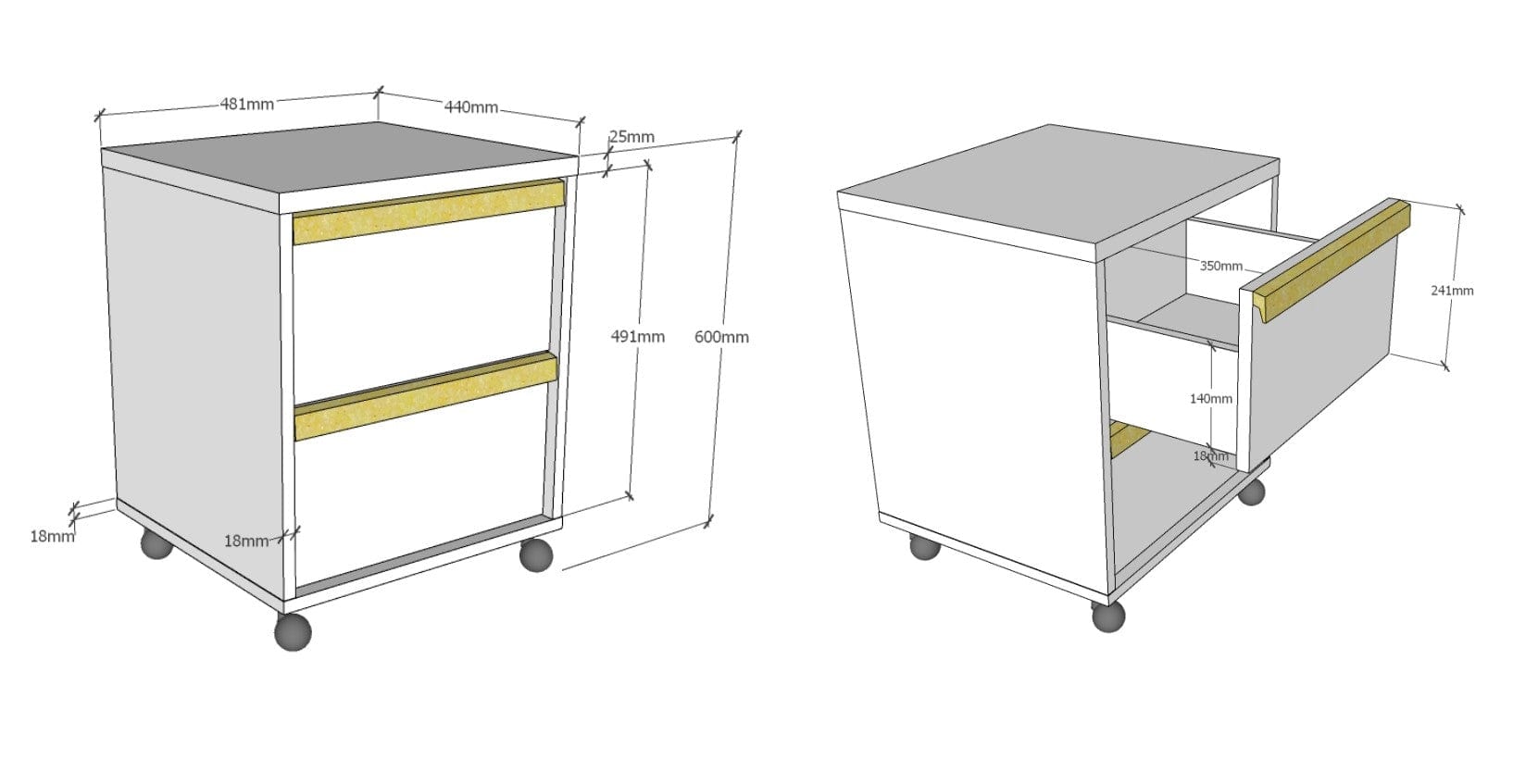 Cabinet din pal pe rotile, cu 2 sertare, pentru copii, London Alb / Natural, l48,1xA44xH60 cm (5)