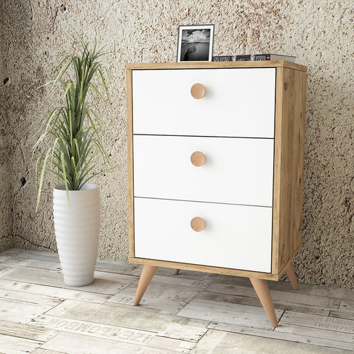 Cabinet din pal si lemn, cu 3 sertare Vilamo VL68-211 Alb / Natural, l49xA40xH78,6 cm