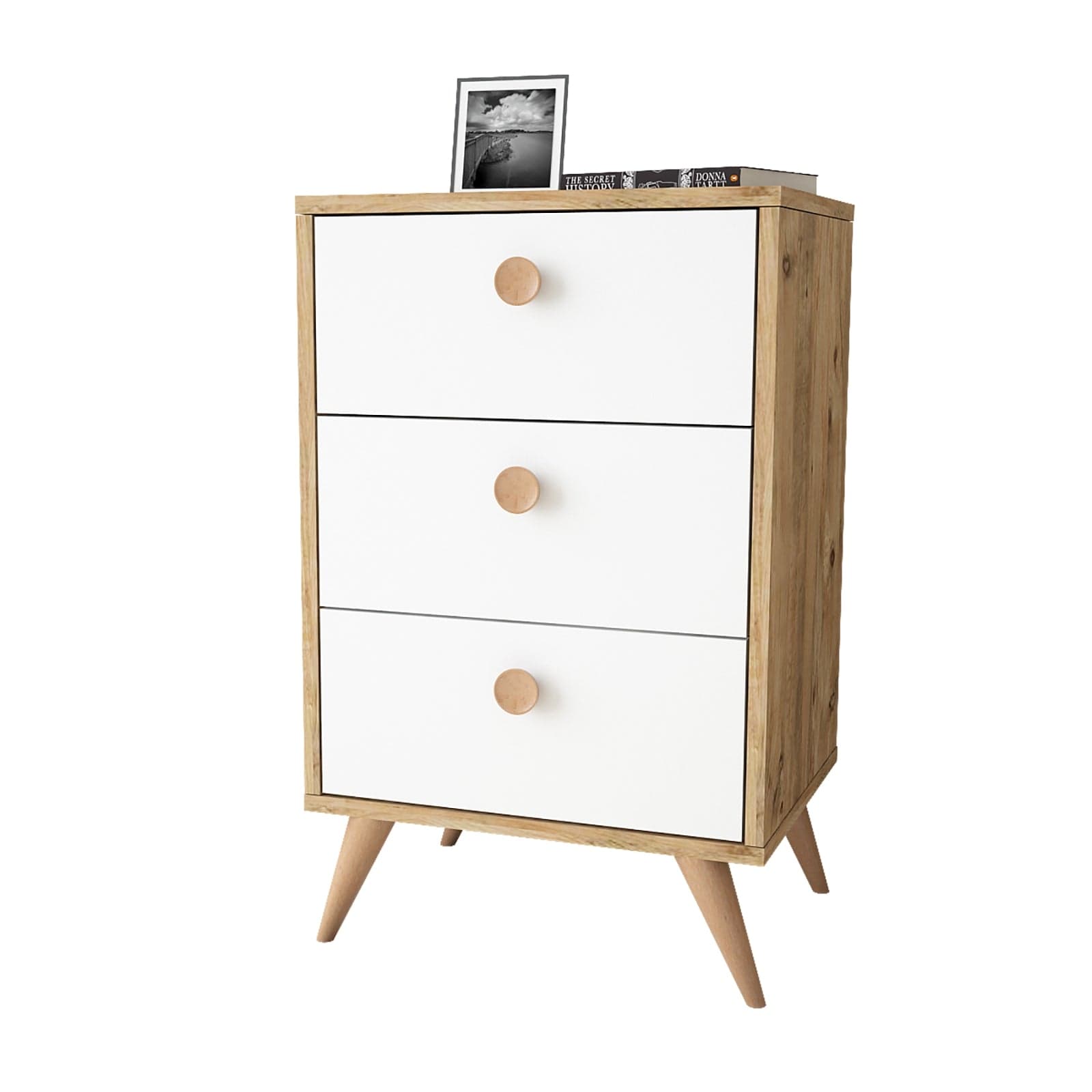 Cabinet din pal si lemn, cu 3 sertare Vilamo VL68-211 Alb / Natural, l49xA40xH78,6 cm (2)