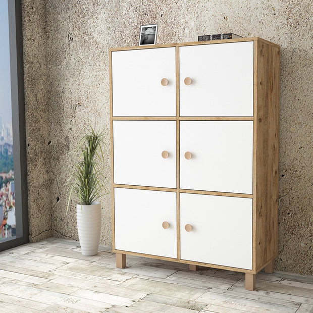 Cabinet din pal si lemn, cu 6 usi Vilamo VL48-217 Large Alb / Natural, l96xA40xH137,5 cm