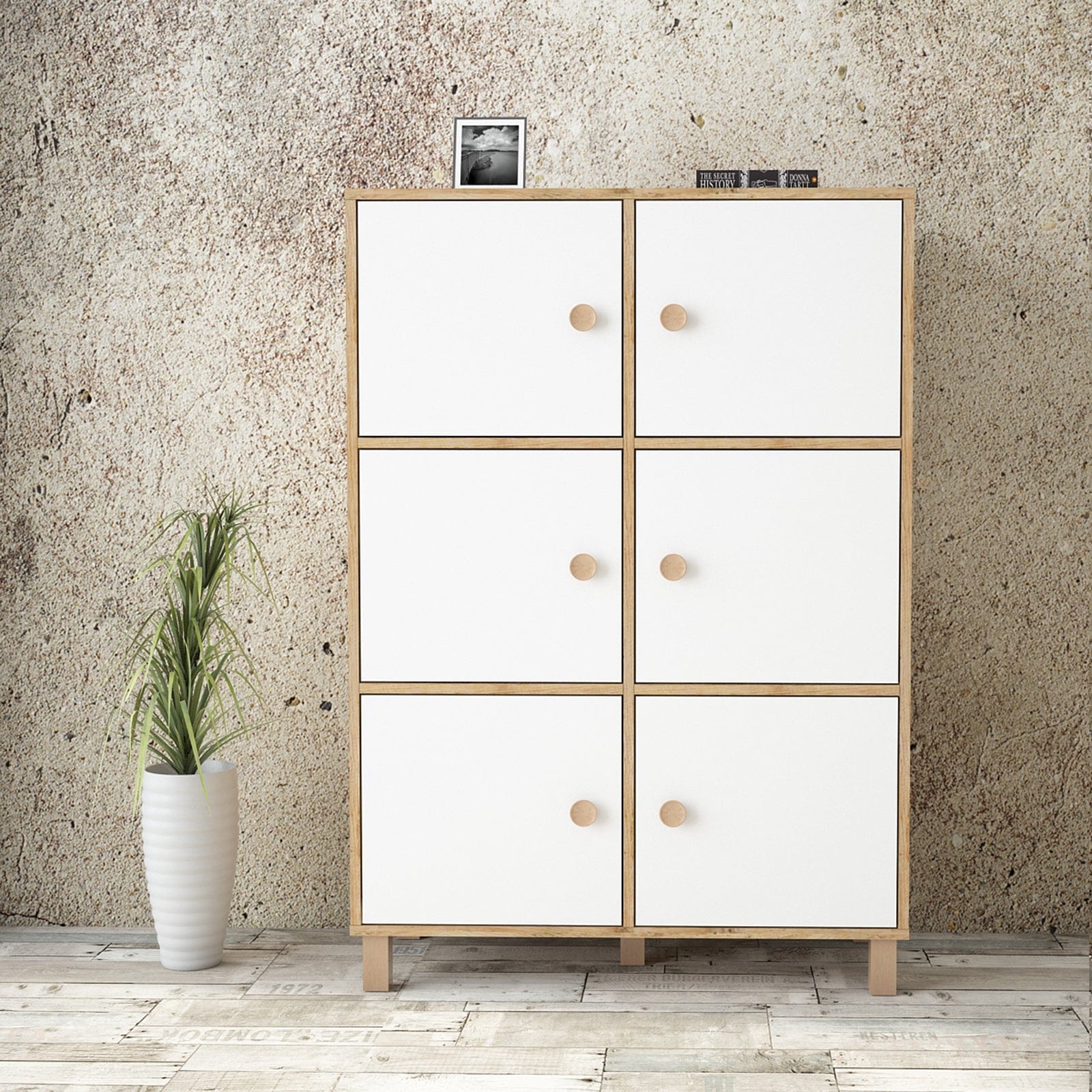 Cabinet din pal si lemn, cu 6 usi Vilamo VL48-217 Large Alb / Natural, l96xA40xH137,5 cm (1)