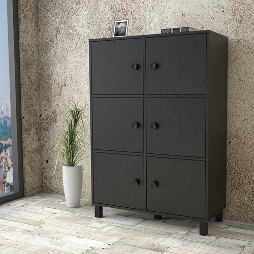 Cabinet din pal si lemn, cu 6 usi Vilamo VL48-338 Large Negru, l96xA40xH137,5 cm