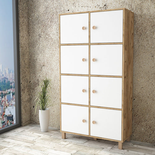 Cabinet din pal si lemn, cu 8 usi Vilamo VL59-217 Tall Alb / Natural, l96xA40xH179,4 cm