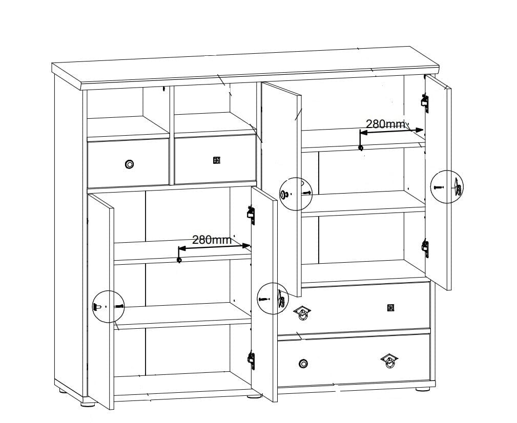 Innostyle Cabinet hol din pal, cu 4 usi si 4 sertare Bazna Large Natur / Gri inchis, l130xA40xH117 cm