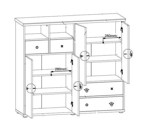 Innostyle Cabinet hol din pal, cu 4 usi si 4 sertare Bazna Large Natur / Gri inchis, l130xA40xH117 cm