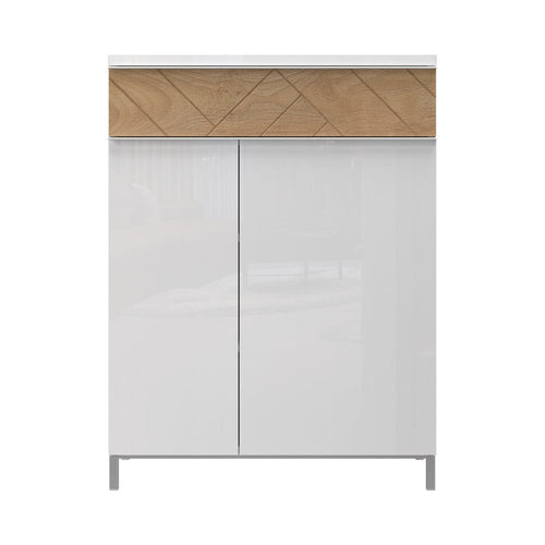 Jela Cabinet hol din pal si MDF, cu 2 usi si 1 sertar, Avis CPL21 Alb / Nuc Pacific, l76xA35xH101 cm