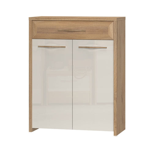 Jela Cabinet hol din pal si MDF, cu 2 usi si 1 sertar, Gala Bej / Nuc Pacific, l78xA36xH99 cm