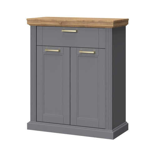 Jela Cabinet hol din pal si MDF, cu 2 usi si 1 sertar, Tara CPL21 Grafit / Nuc Pacific, l86xA38xH102 cm