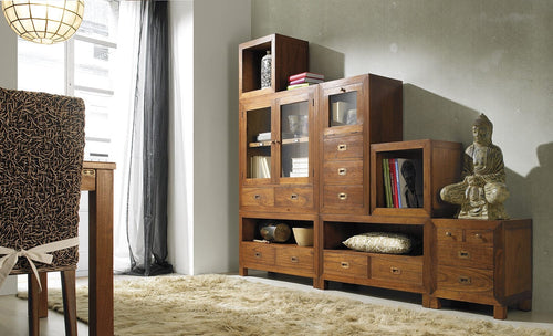 Moycor Cabinet cu vitrina, din lemn si furnir, cu 2 sertare si 2 usi, Star Combi Nuc, l90xA35xH90 cm