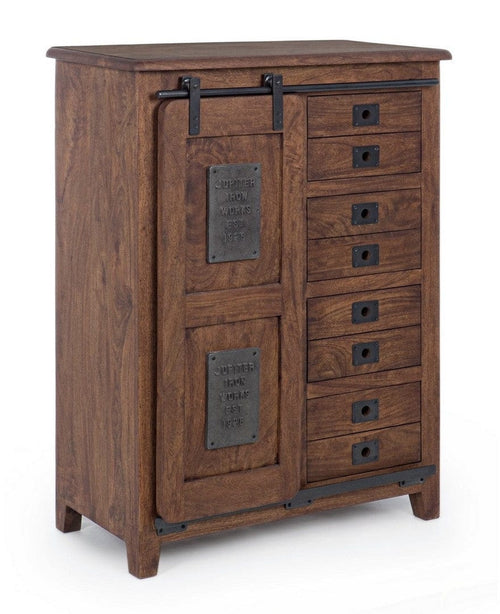Bizzotto Cabinet din lemn de mango si metal, cu 4 sertare si 1 usa Jupiter High Nuc / Negru, l89xA43xH119 cm